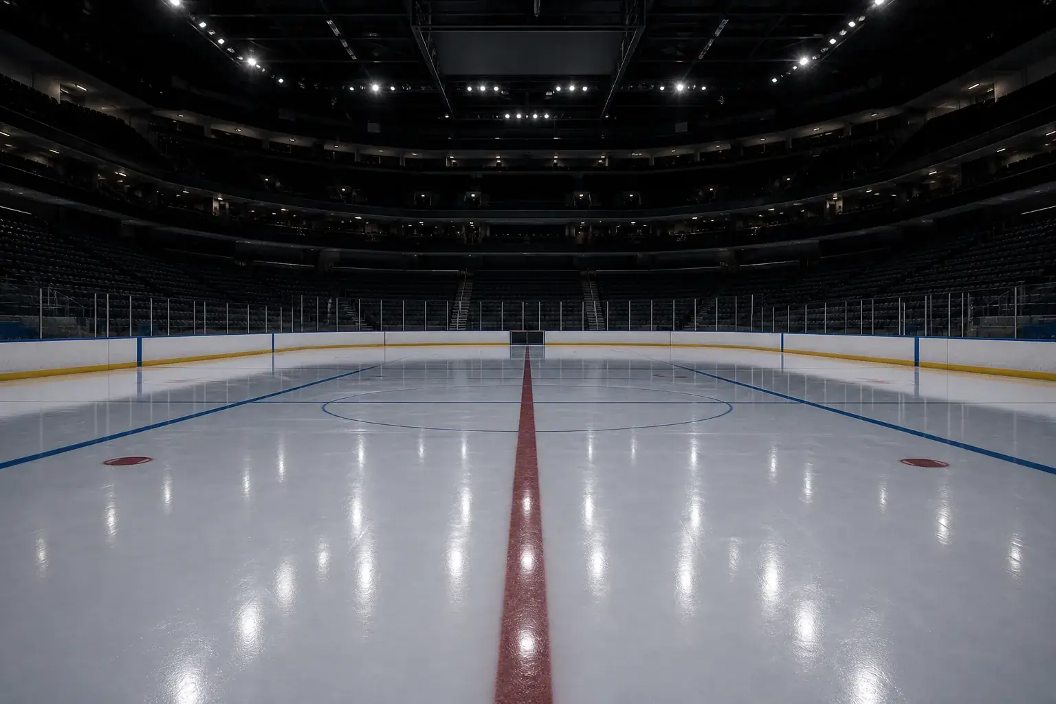 Empty arena ice under cold lights