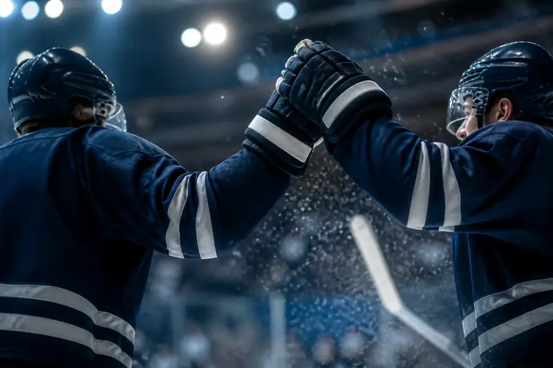 Teammates celebrating chemistry on the ice